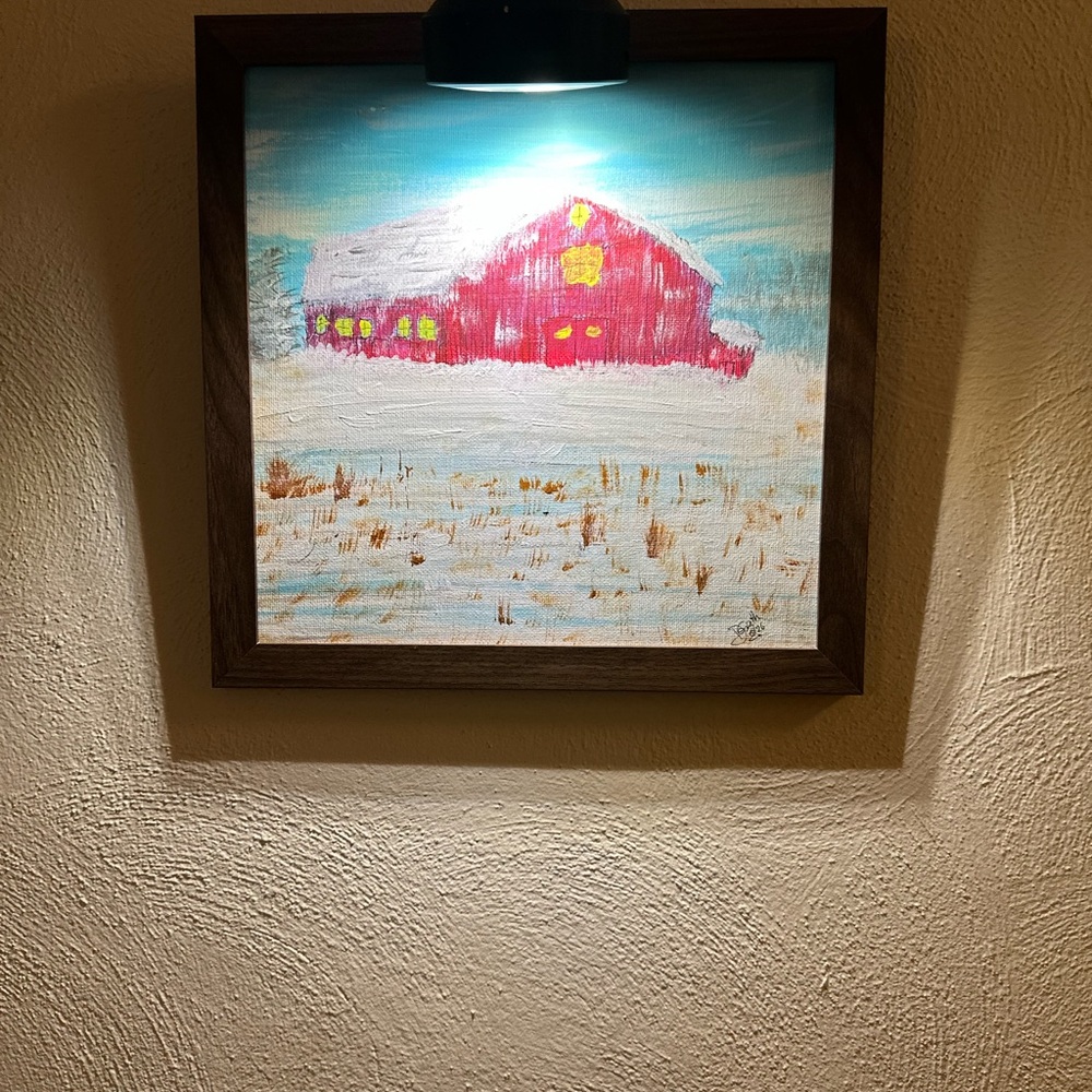 Framed Red Barn Winter Scene